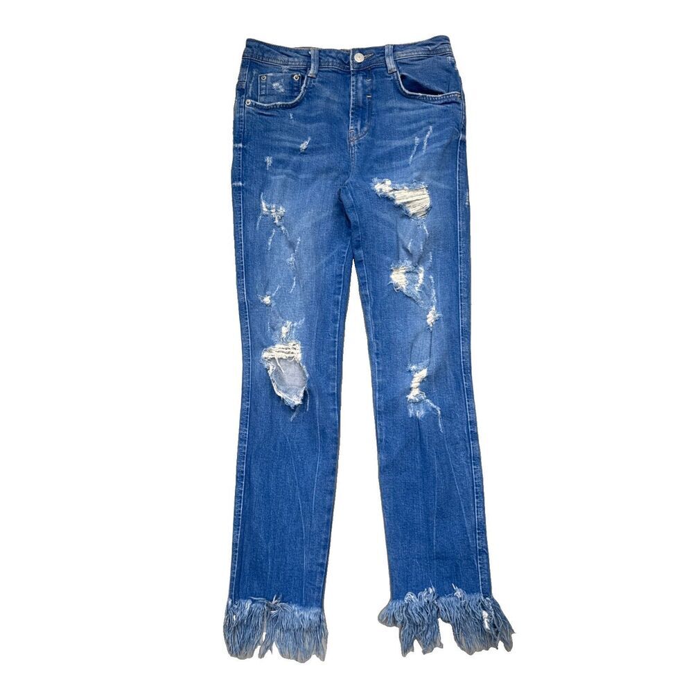 Zara High Rise Fray Crop Jeans 00 (25x24.5) Electric Blue Distressed Juniors